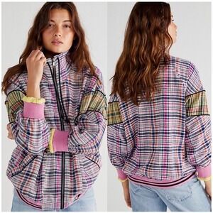 Free People Penny Plaid full zip Up Jacket Pink black small 80s NWT New casual